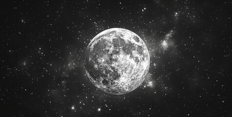 black and white illustration of a full moon with a black background - obrazy, fototapety, plakaty