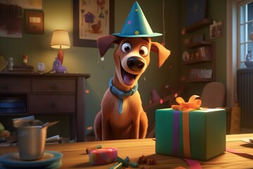 Cartoon Dog Celebrates Birthday With Gift And Hat - Powered by Adobe