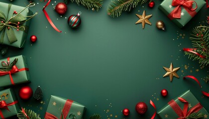 Christmas frame with gift boxes, paper decorations, jingle bells and spruce branches on green background. Holiday background 3d rendering. ai generative - obrazy, fototapety, plakaty