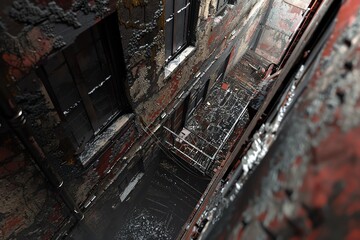 A dark and dirty alleyway with a fire escape.