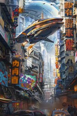 A hyper-detailed painting of a futuristic city street scene with flying cars and people walking around