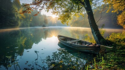 Sunrise and Mist Over a Calm Forest Lake