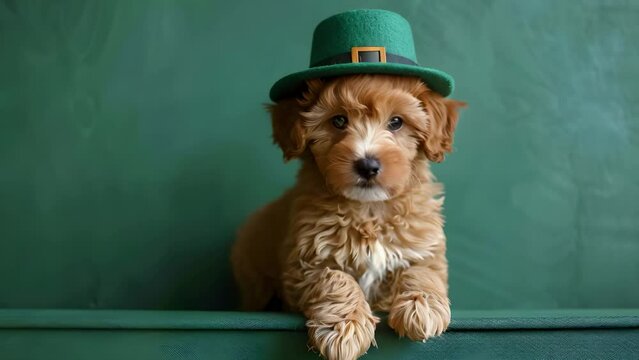 Labradoodle puppy in leprechaun hat on St Patricks Day green background. Concept St Patricks Day, Puppy Photoshoot, Leprechaun Hat, Green Background, Labradoodle Puppy