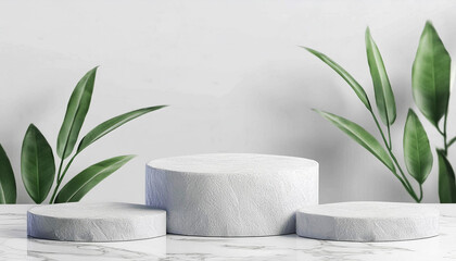 White stone product display podium with nature leaves background