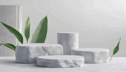 White stone product display podium with nature leaves background