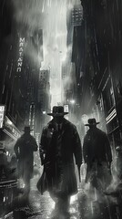 A dark and rainy street with three men in trench coats and fedoras walking towards the viewer. The men are all armed with guns. - obrazy, fototapety, plakaty