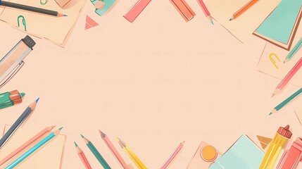 School supplies on a pink background, Flat lay, top view, Generative AI illustrations.