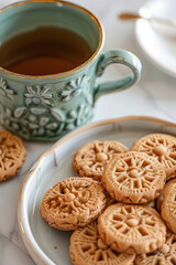 A tray of cricket cookies, each with a distinct decorative pattern, next to a cup of tea, highlighting a sustainable and tasty afternoon break