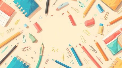 Top view of colorful pencils and stationery on white background with copy space, Generative AI illustrations.