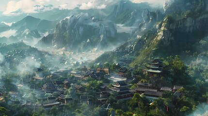 Landscape view of the mountain village in the morning, Generative AI illustrations.