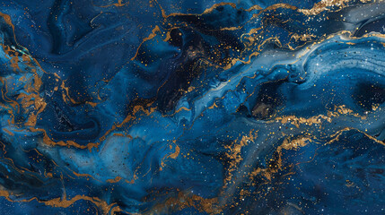 Dynamic cobalt marble ink swirls mysteriously within an enchanting abstract landscape, glinting with subtle glitters. - obrazy, fototapety, plakaty