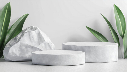 White stone product display podium with nature leaves background