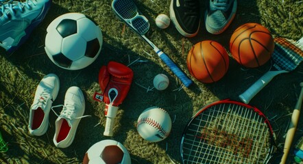 Photo of various sports equipment and gear on grass