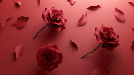 A creative composition of paper craft roses on a monochromatic red background, blending art and nature in a modern depiction.