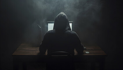 A man in a hoodie sitting in front of a laptop computer, focused on his screen. Hacker in online digital world trying to steal data.