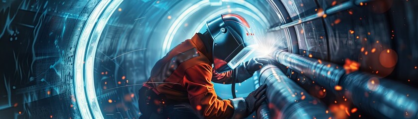 A welder works on a spaceship in the future