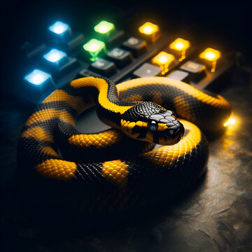 Colorful black and yellow snake sitting on a rock.
