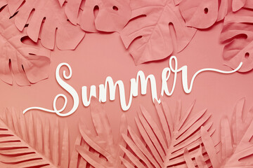 Summer text with pastel tropical leaf,leaves collection for design