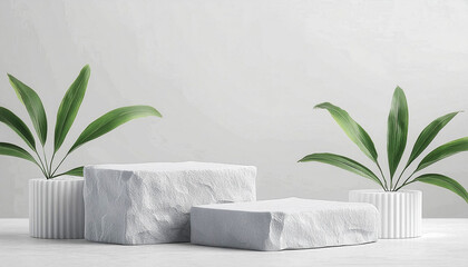 White stone product display podium with nature leaves background