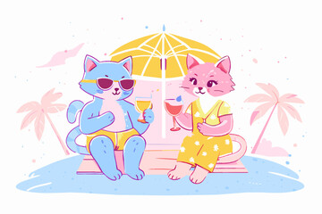 Animated Cats Enjoying Tropical Beach Vacation Illustration. Whimsical Vector illustration for children's book, greeting cards, and nursery wall art