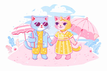 Adorable Cartoon Cats on a Sunny Beach Day with Umbrella. Whimsical Vector illustration for children's book, greeting cards, and nursery wall art