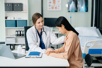 Fototapeta premium Psychology, depression. Suffering woman, consulting with psychologist, psychiatrist while patient counseling mental problem.