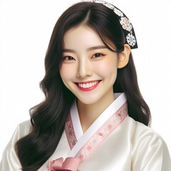 beautiful woman wearing traditional hanbok dress isolated white background. Generative Ai