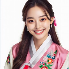 beautiful woman wearing traditional hanbok dress isolated white background. Generative Ai