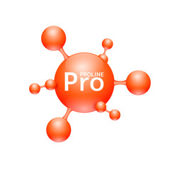 Proline amino acid. Molecules that combine to form proteins nutrients necessary for health muscle. Biomolecules model 3D red for ads dietary supplements. Medical scientific concepts. Vector.