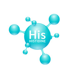 Histidine amino acid. Molecules that combine to form proteins nutrients necessary for health muscle. Biomolecules model 3D blue for ads dietary supplements. Medical scientific concepts. Vector.