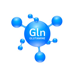 Glutamine amino acid. Molecules that combine to form proteins nutrients necessary for health muscle. Biomolecules model 3D blue for ads dietary supplements. Medical scientific concepts. Vector.