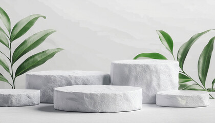 White stone product display podium with nature leaves background