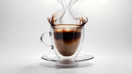 Transparent cup with steaming coffee on a white background