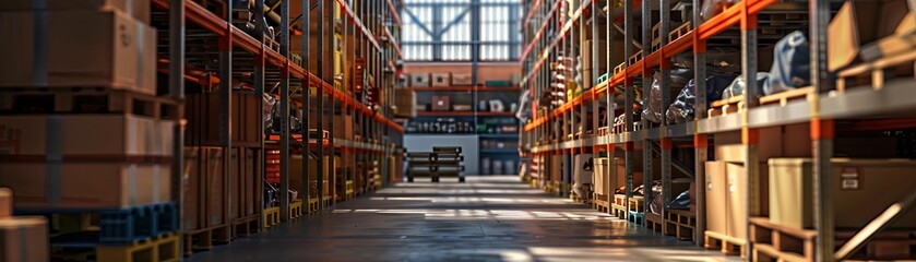 A warehouse with tall shelves full of neatly arranged boxes and a forklift in the distance