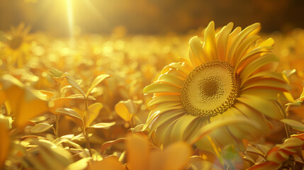 A single sunflower stands bathed in the golden light of sunset, surrounded by a soft focus field of sunlit flora.