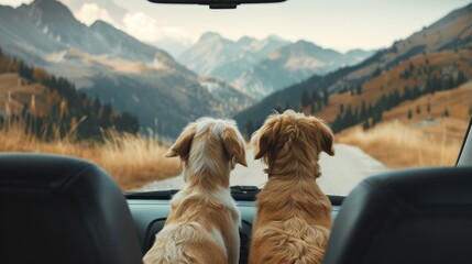 Two dogs in the back seat of a car against the background of mountains High quality photo
