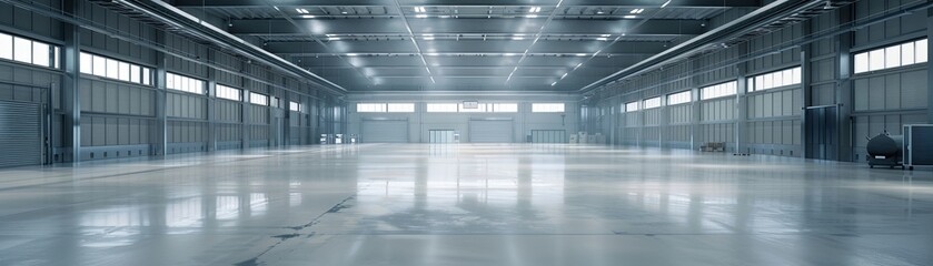 An empty warehouse with concrete floor and large windows