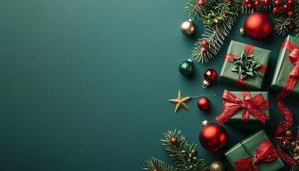 Christmas frame with gift boxes, paper decorations, jingle bells and spruce branches on green background. Holiday background 3d rendering. ai generative