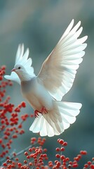Fototapeta premium White dove in flight among red berries under a clear sky