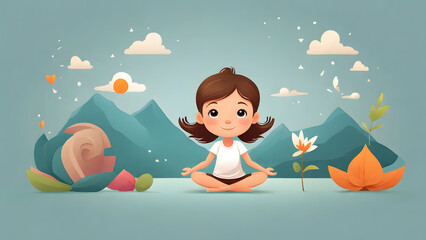 Cartoonist-style young girl or kid, sitting on the floor in a yoga pose, against a playful backdrop. Ideal for yoga children or yoga-related contents.