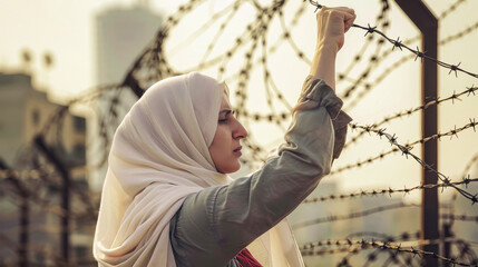 A woman in a white hijab raises her hand defiantly towards a barbed wire fence