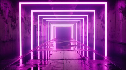 Violet neon frame 3D rendering purple geometric with floor reflection
