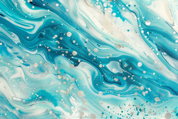Dynamic aquamarine marble ink flowing gracefully across a whimsical abstract backdrop, adorned with radiant glitters, evoking playfulness.