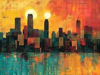 Abstract cityscape art, landscape painting