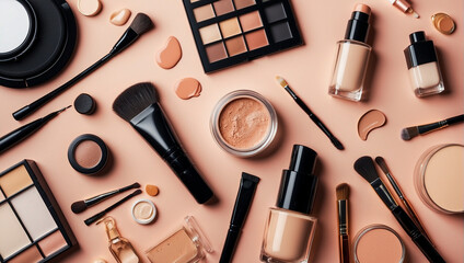 Various makeup products are arranged on a peach-tone background. There are eyeshadow palettes, blush, foundation, brushes, and other makeup items.

 - obrazy, fototapety, plakaty