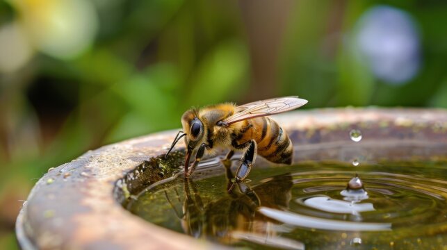 A bee perched on the edge of a bird bath, taking a refreshing sip of water on a hot summer day.