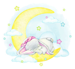A cute baby elephant, sleeping on the moon, against a background of clouds and colorful stars. watercolor hand-drawn clipart.