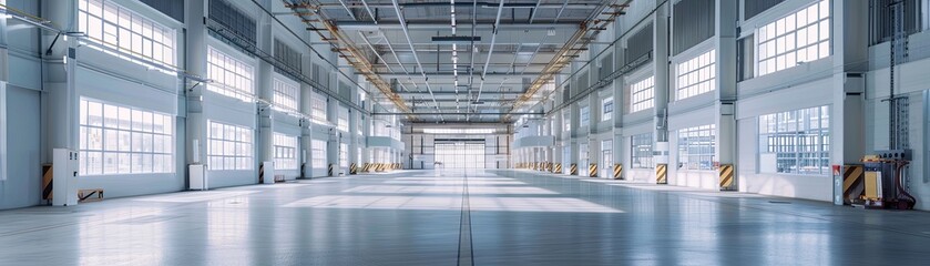 An empty warehouse with large windows and a shiny floor.
