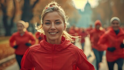 A woman in a red jacket is happily running with a crowd at an event