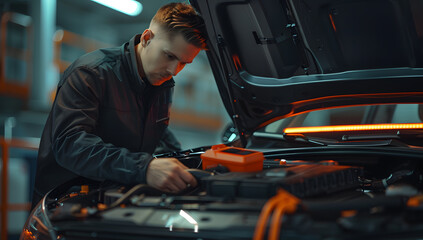 Auto mechanic working on car broken engine in mechanics service or garage. Transport maintenance wrench detial